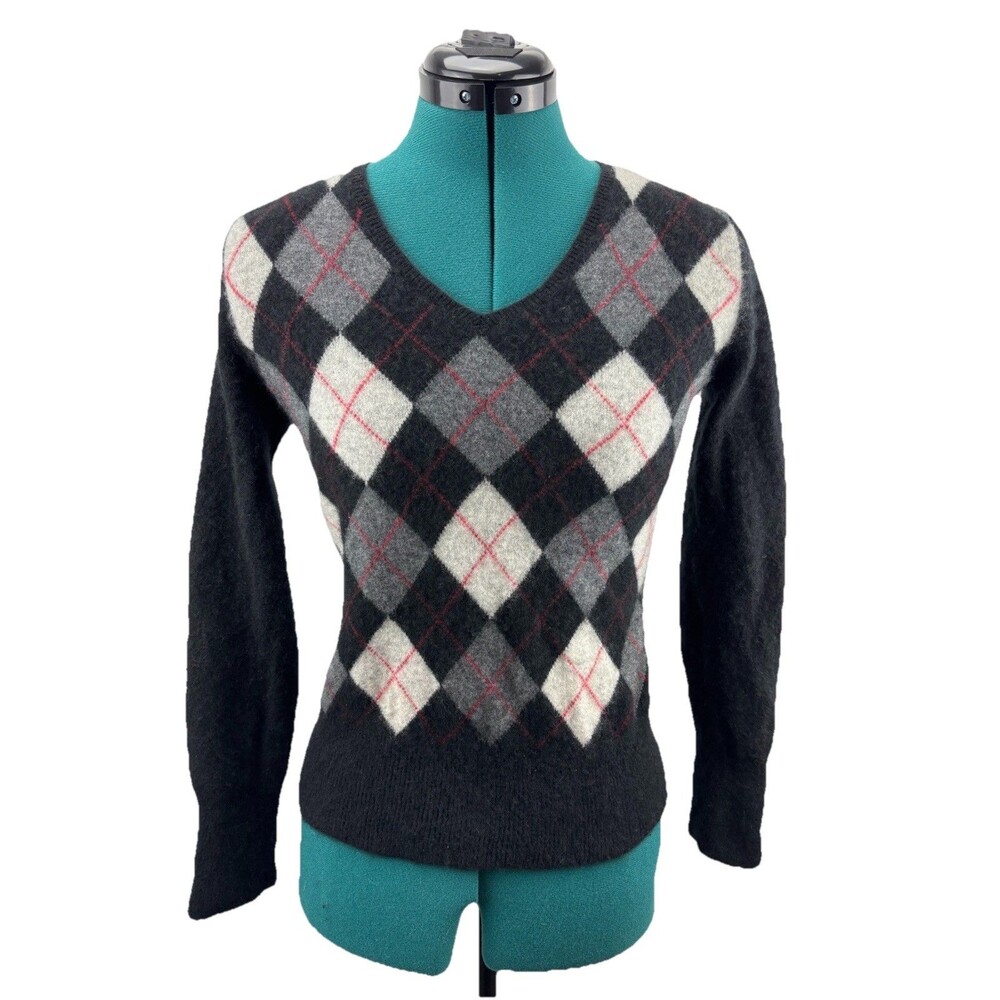 Apt 9 Cashmere Sweater V Neck Argyle Gray Ivory 100% Cashmere Women's Size Med